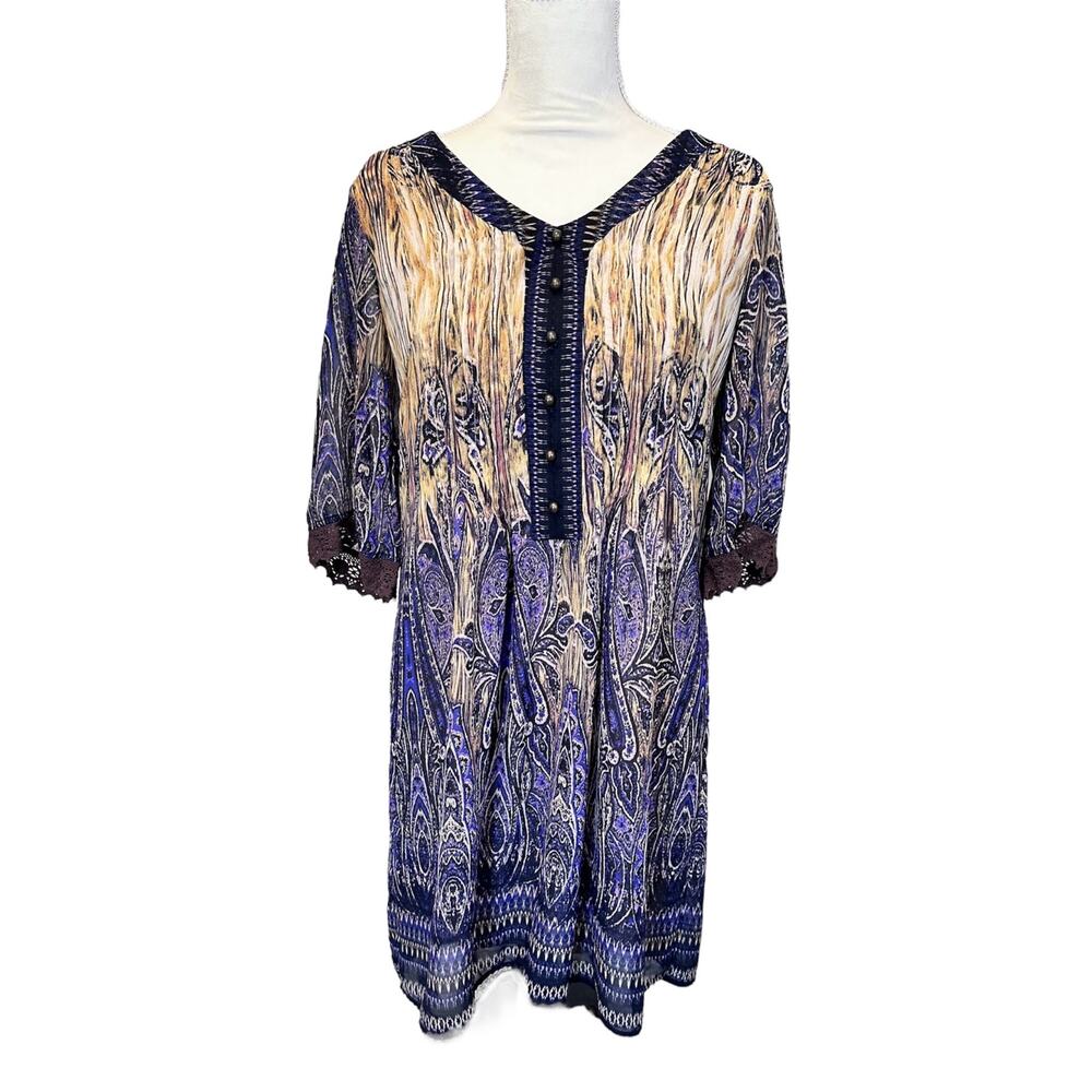 Rabbit Rabbit Rabbit Women's Dress Size 6 Paisley Pleated V-Neck Navy Buttons